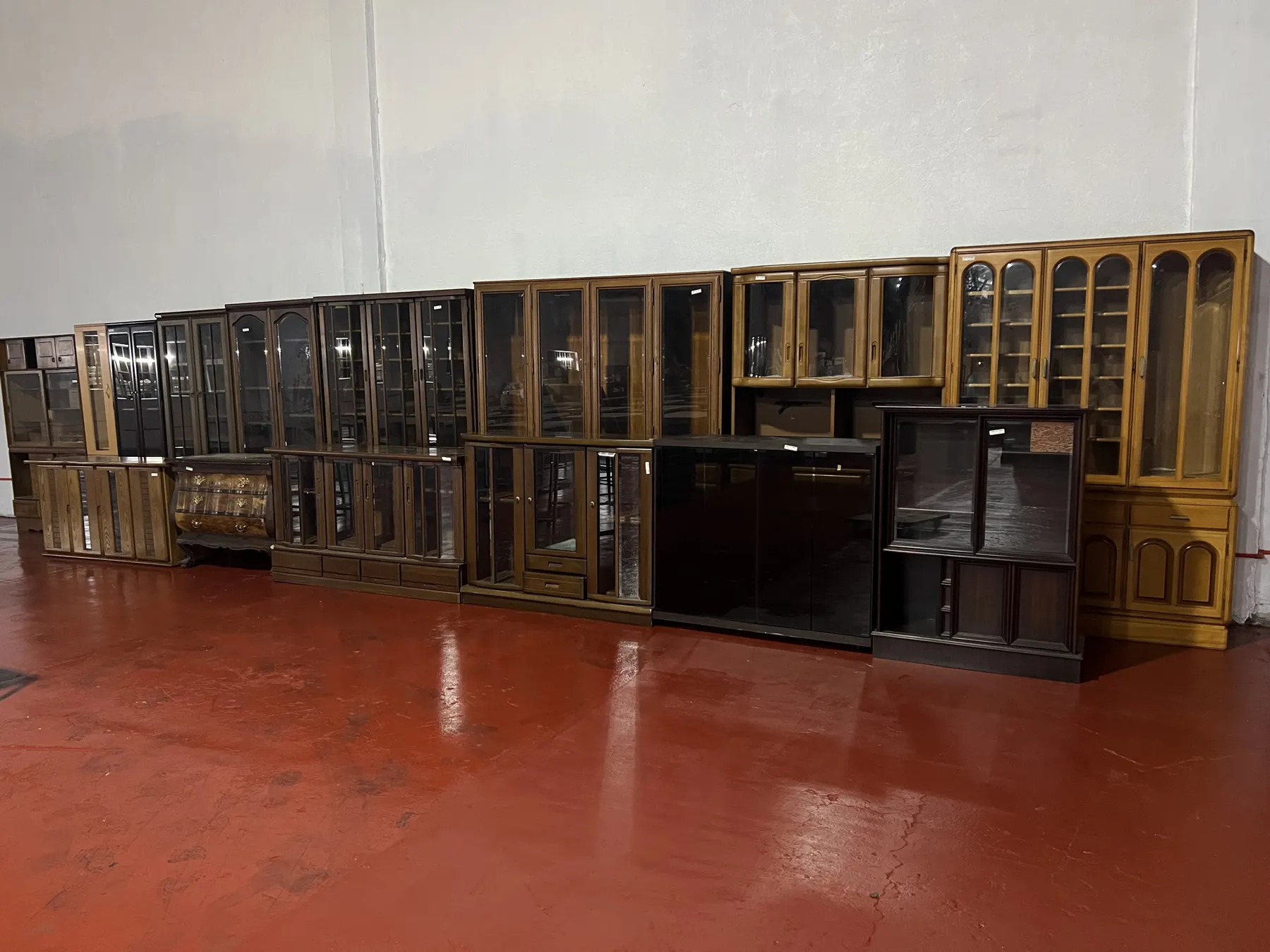 A long wall of Japanese wooden cabinets