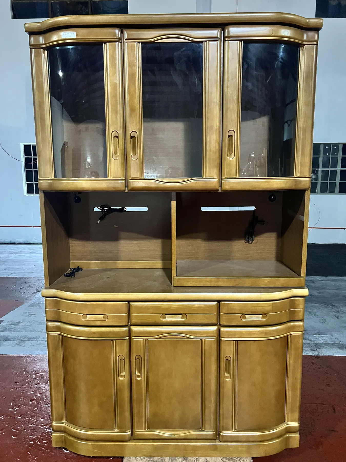 Wooden kitchen hutch with glass doors