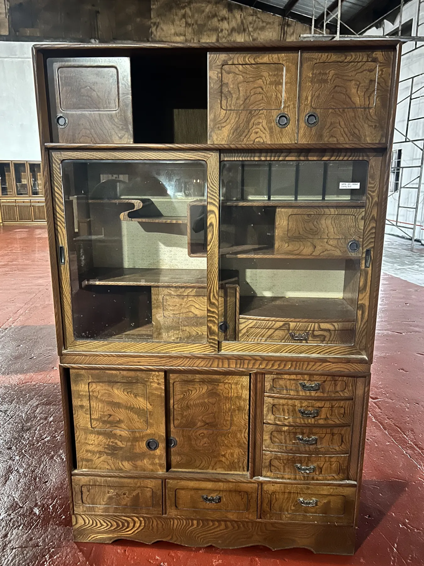 Japanese tansu-style wooden cabinet with burl wood panels